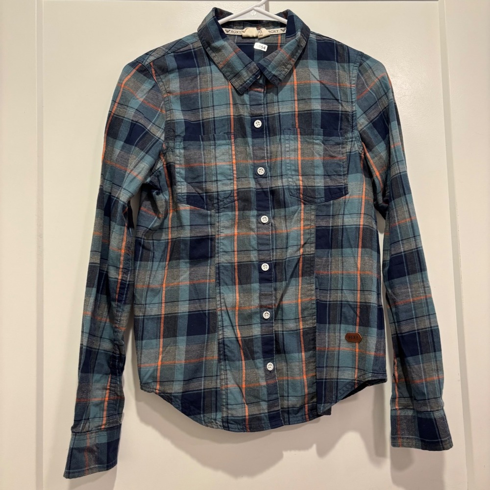 Roxy Womens Blue Orange Plaid Flannel Button Down Shirt Size Small Long Sleeve